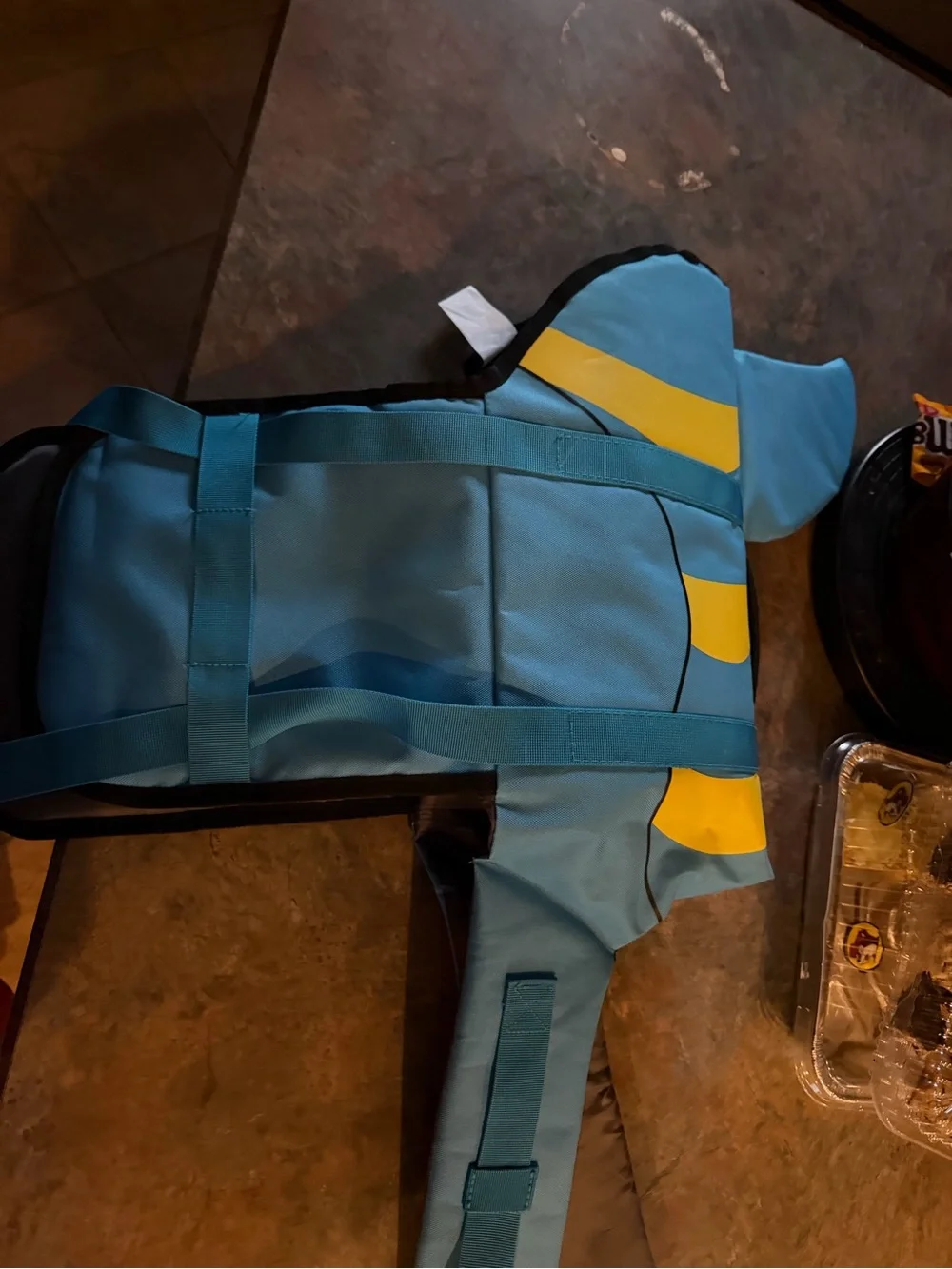 Blue and Yellow Dog Life Jacket with Black Trim